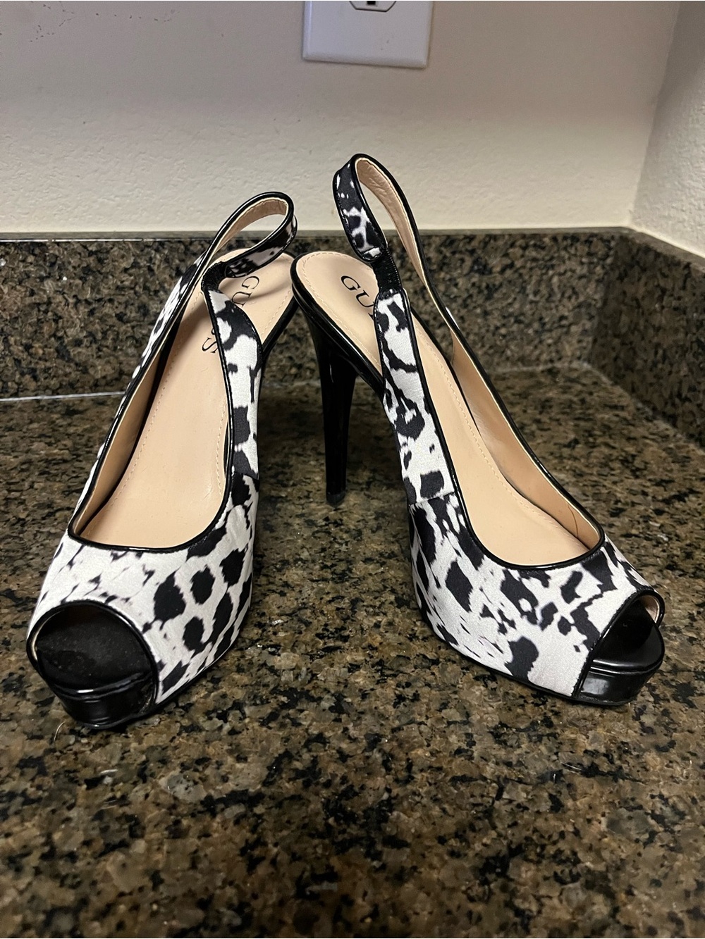 GUESS Black & White Dalmatian Print Peep-Toe Slingback Heels